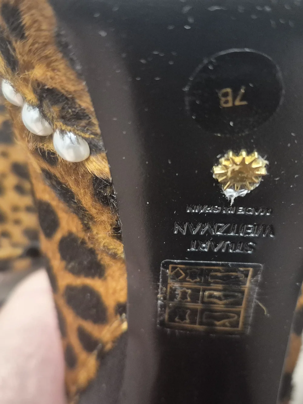 Nwt, Never Worn Stuart Weitzman Leopard Print Platform Pearl Trim Calfskin Slide